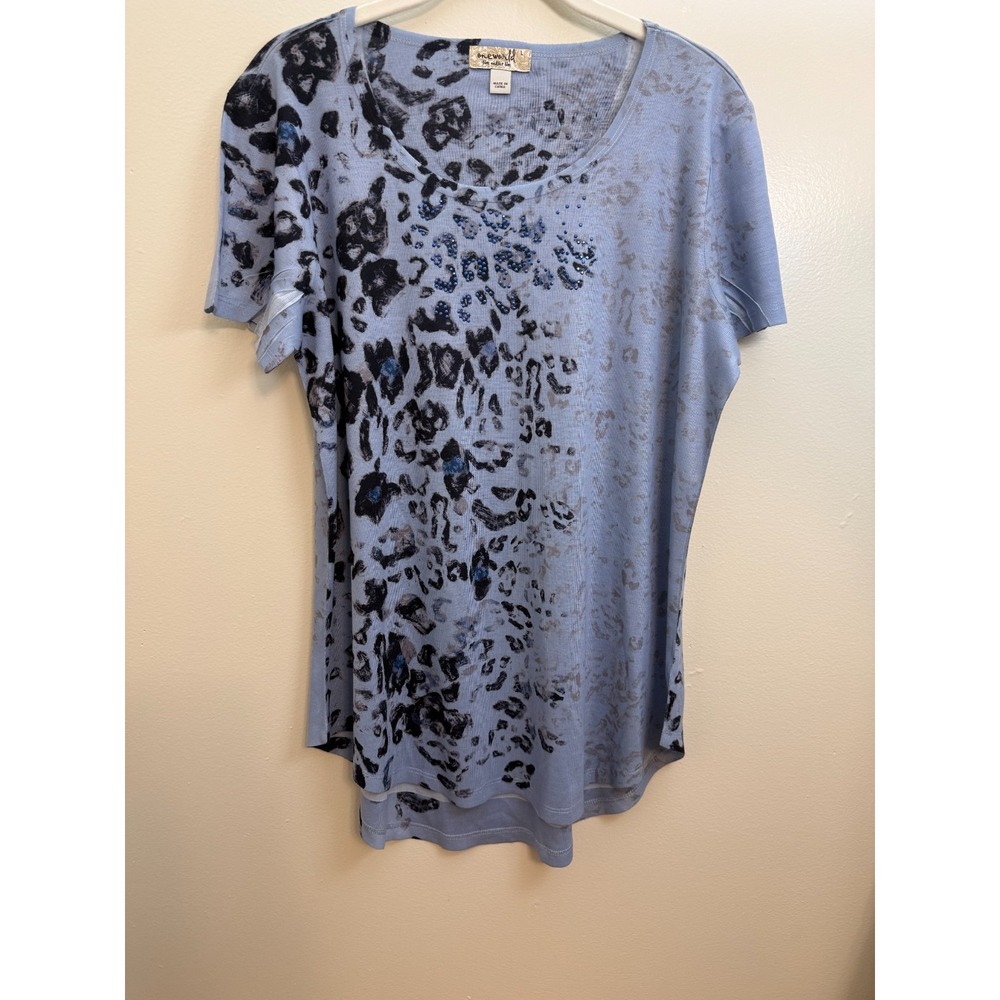 One World Blouse Womens Large Pullover Scoop Neck Blue With Beading Lightweight